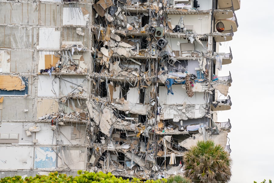 Aftermath of the Champlain Towers collapse showing building rubble