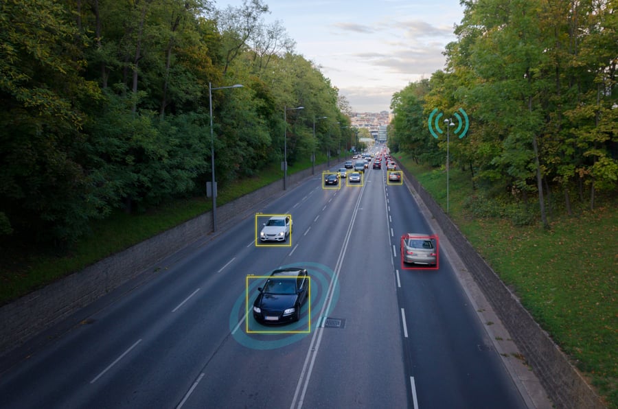 AI smart city traffic cameras monitoring concept.