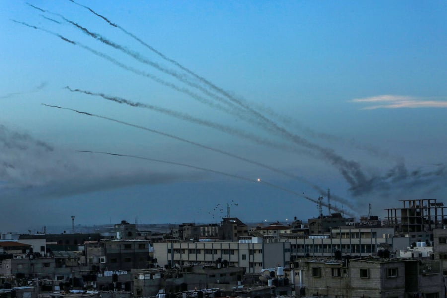 Hamas fires a large number of rockets towards Israel in the city of Rafah in the southern Gaza Strip, October 7, 2023.