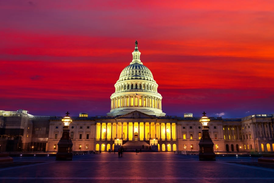 The United States Capitol building at sunset in Washington DC, USA 