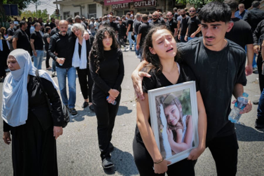 Family and friends attend the funeral service of druze children, Majdal Shams, in the Golan Heights, July 28, 2024. 