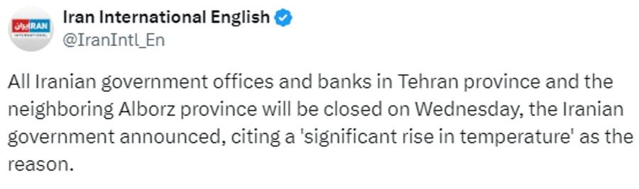 Iran announces all banks to close in Tehran, 7 August 2024