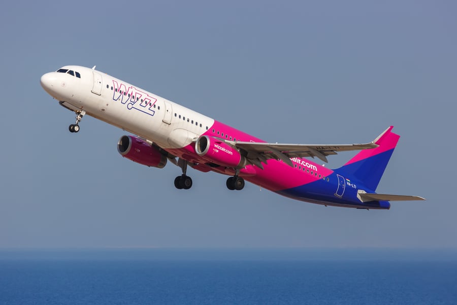 Wizzair Airbus A321 airplane at Santorini airport (JTR) in Greece