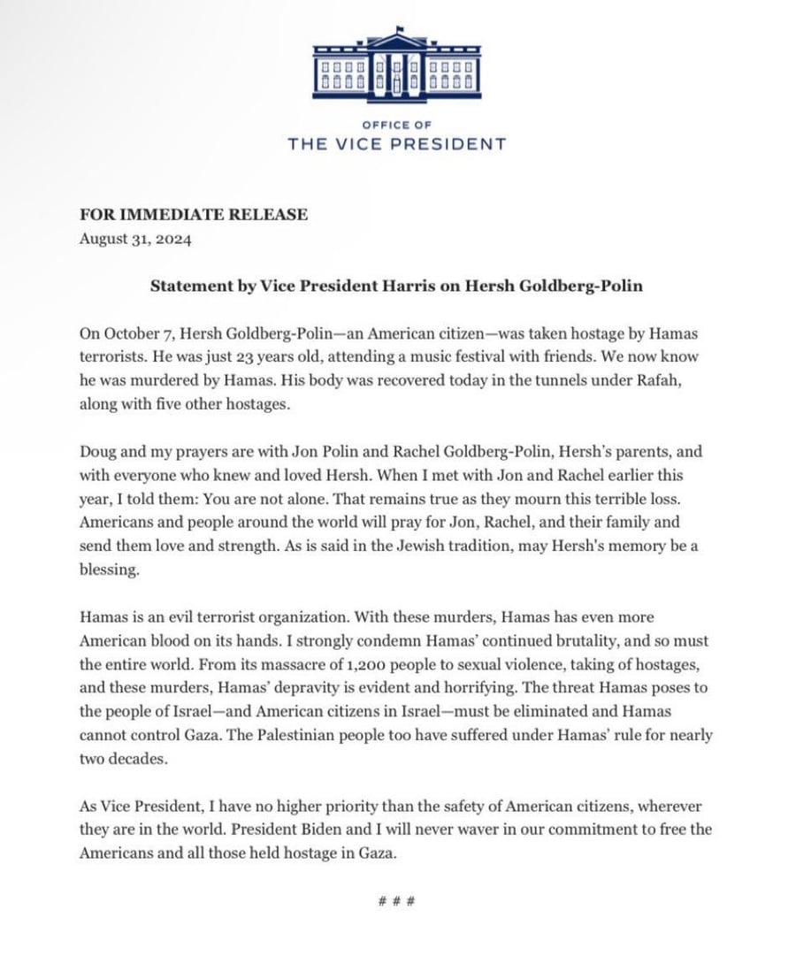 Vice President Kamala Harris' statement on Hersh Goldberg-Polin.