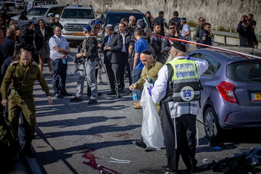 The scene of a terror shooting attack on Route 1 near Maaleh Adumim, in the West Bank, February 22, 2024.