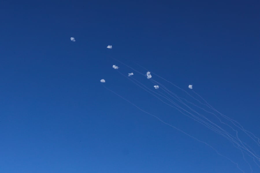 An Israeli anti missile system intercept missiles fired from Lebanon as it seen from Jish, on September 29, 2024. 