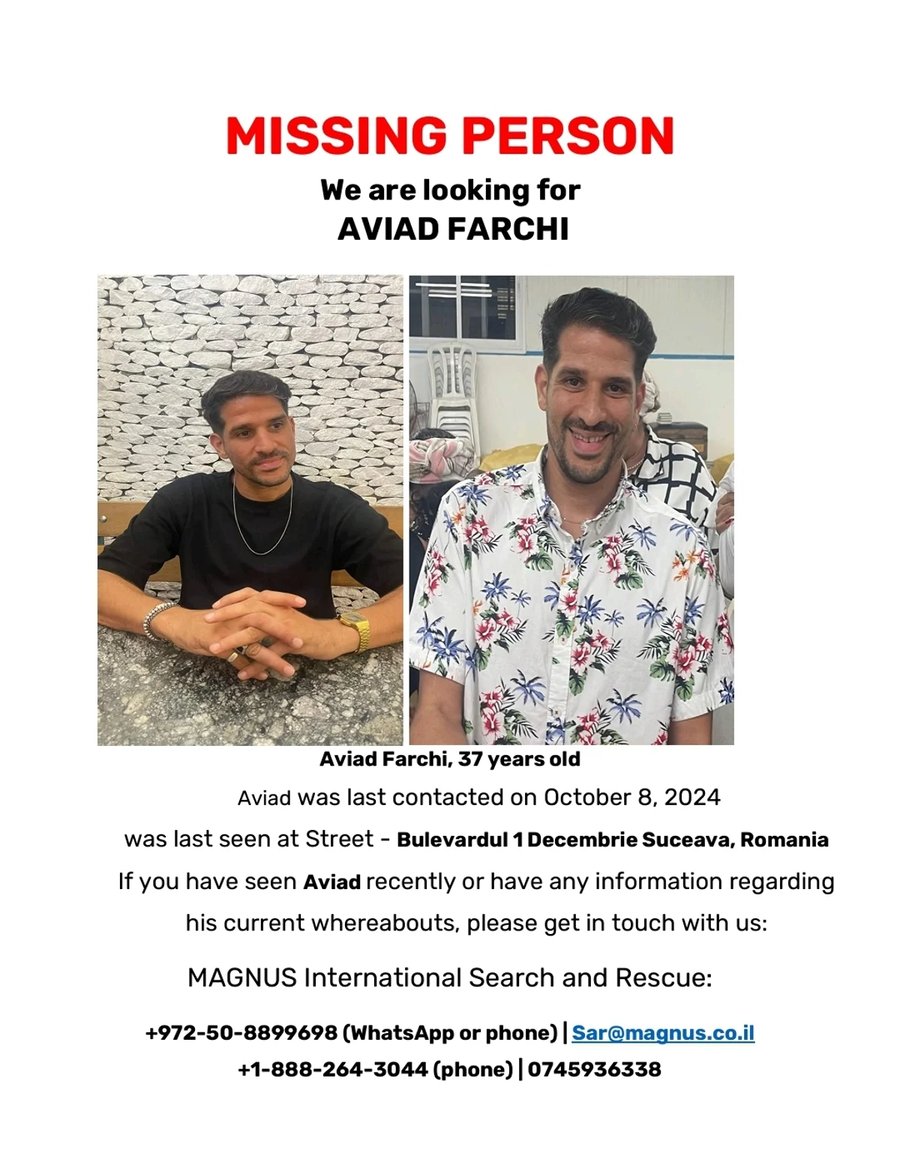 Poster asking people for information about missing Israeli Aviad Farhi