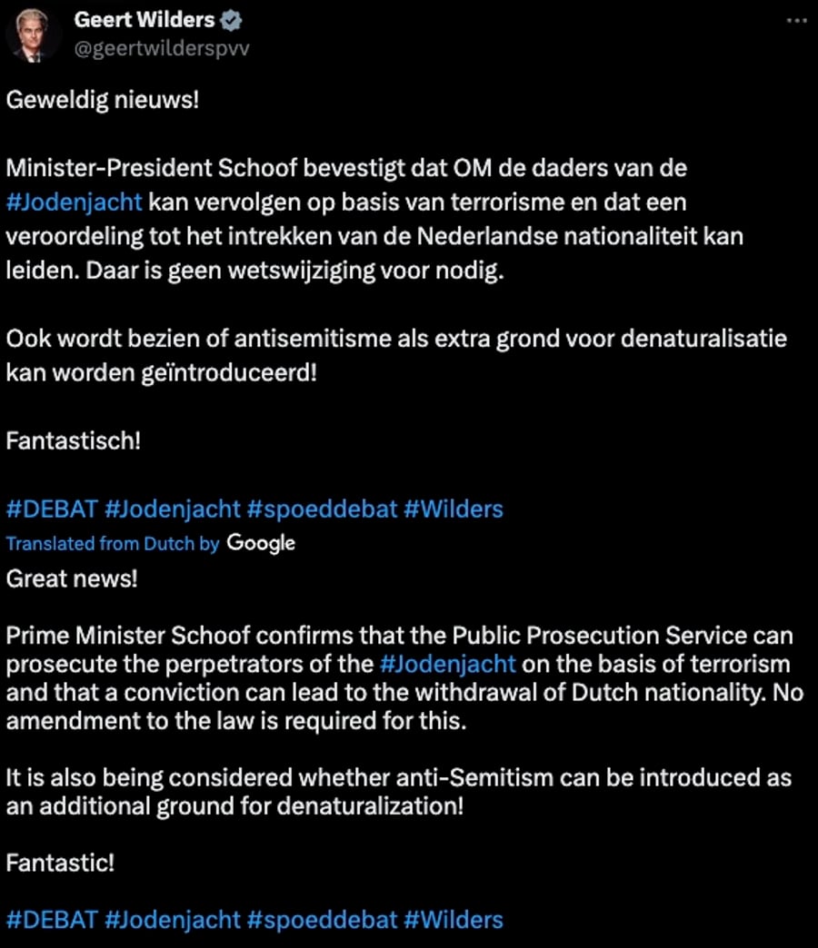 Geert Wilders' post on X