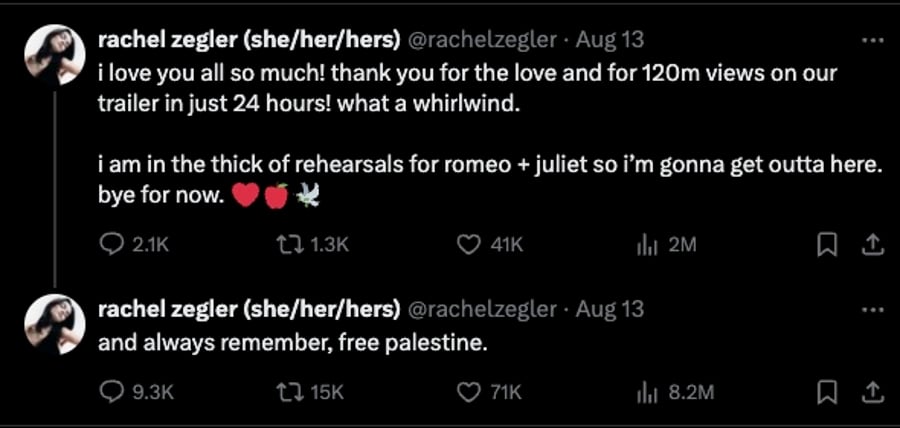 Rachel Zegler posts 'Free Palestine' on X