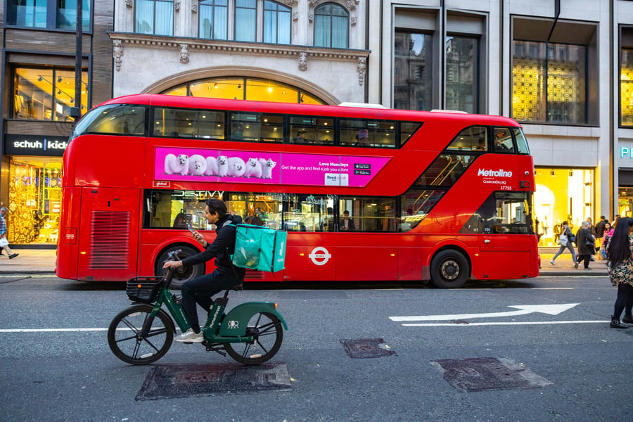 The traditional double decker bus in London, England