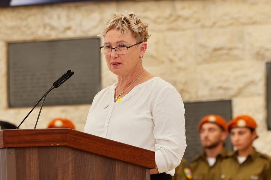 ris Haim speaks during a State Memorial Ceremony for the civilians who were murdered during the October 7th Massacre, at Mount Herzl military cemetery in Jerusalem on October 27, 2024