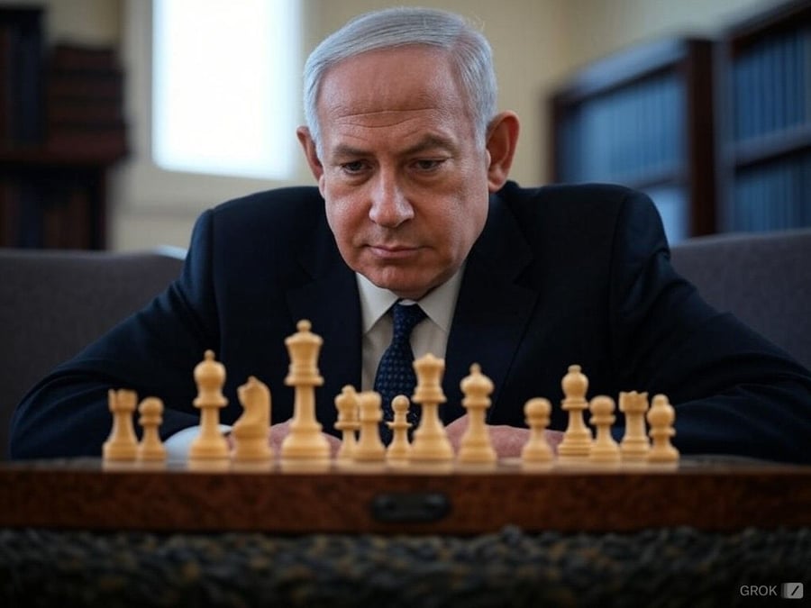 Prime Minister Binyamin Netanyahu playing chess.