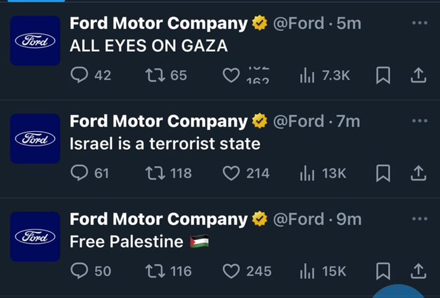 A screenshot of the posts made by Ford motor company