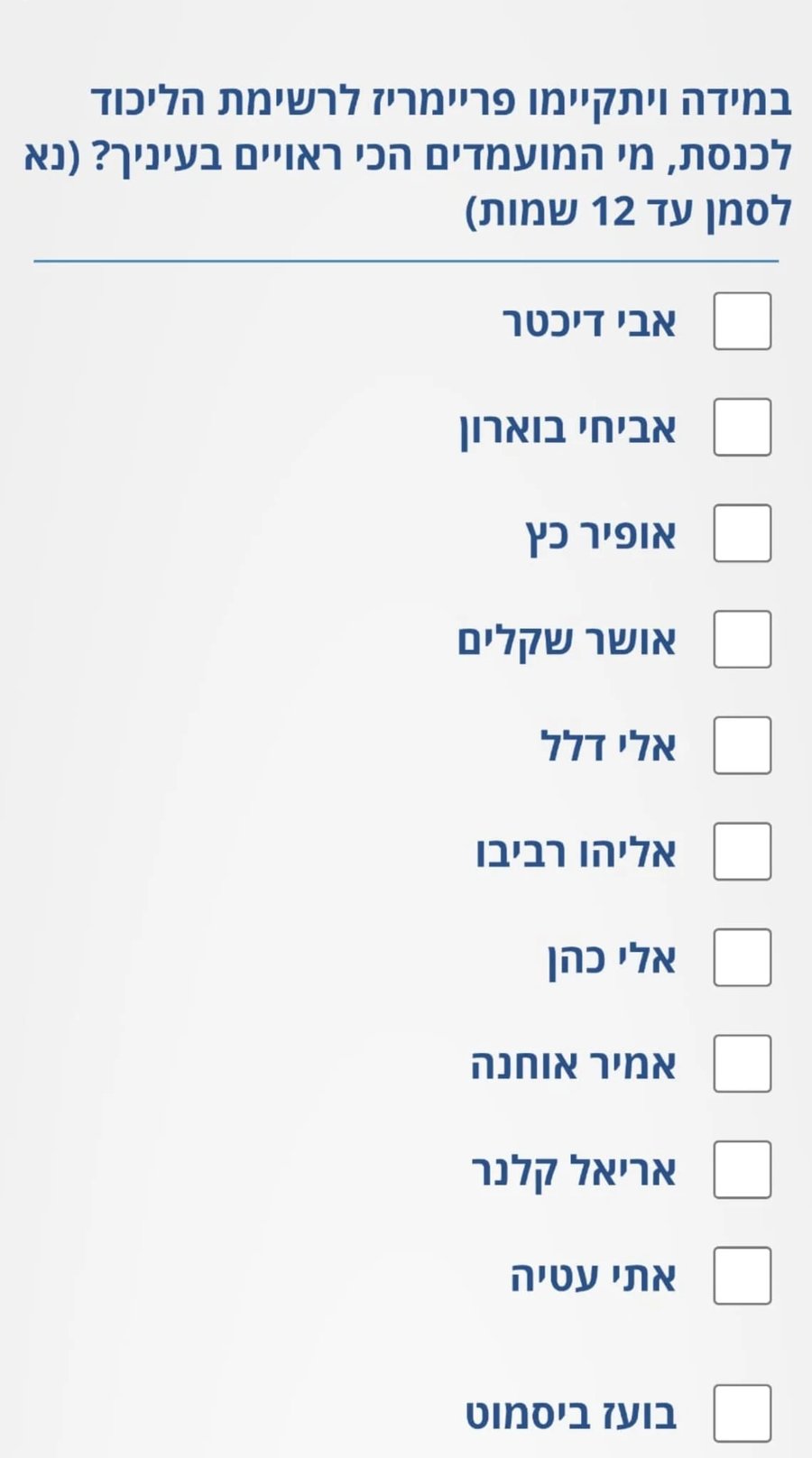 The survey photo, the second question, asks to rate leading Members of Knesset from the party according to the voters' position.