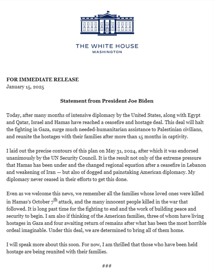 Biden press release on hostage deal.