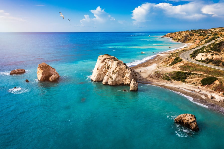 u, aka Aphrodite's rock a famous tourist travel destination landmark in Paphos, Cyprus