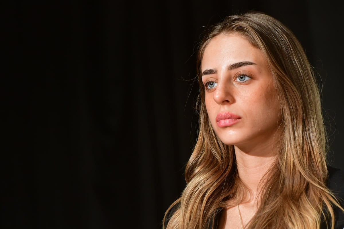 Former hostage Mia Schem attends a press conference ahead of the 2nd concert in memory of the victims murdered at the Nova festival by Hamas terrorists on October 7, in Tel Aviv, March 11, 2025. 