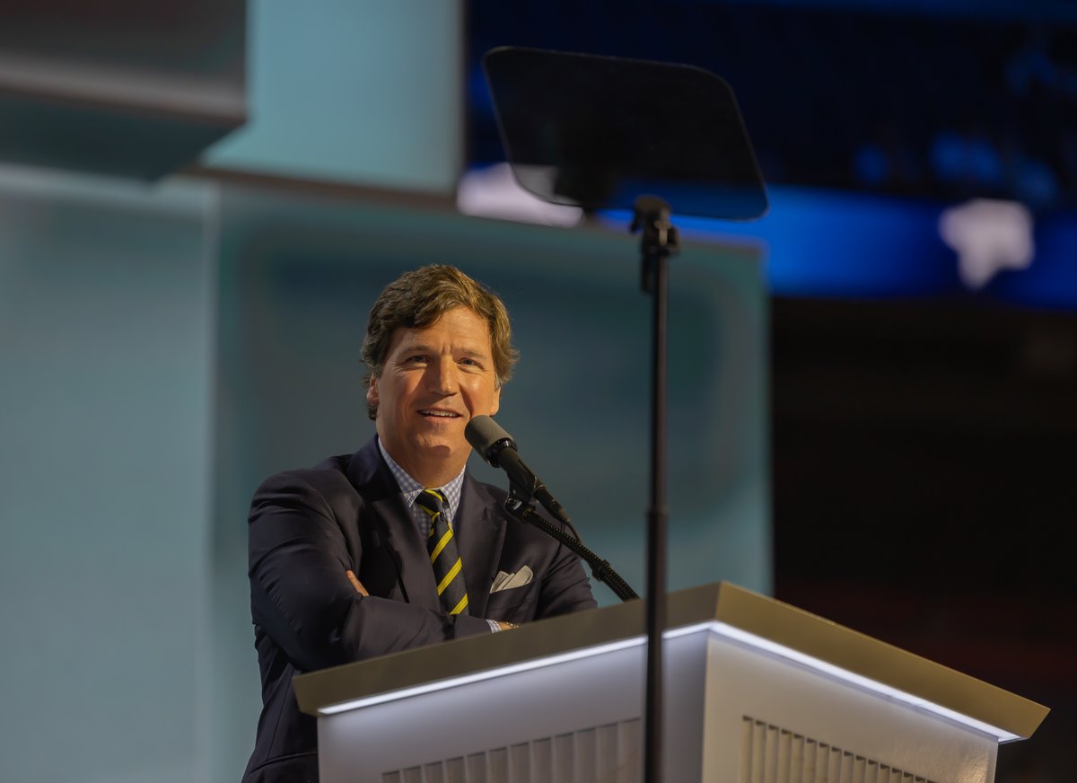 Tucker Carlson addresses the 2024 Republican National Convention at the Fiserv Forum.