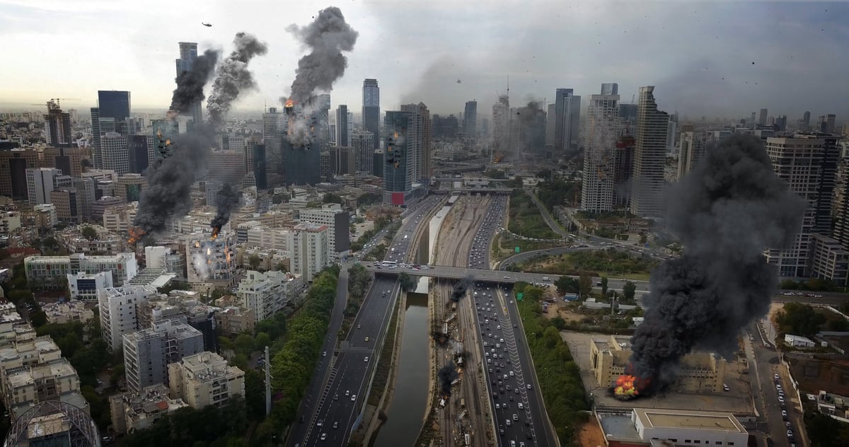 Tel Aviv City Under Iran attack in war aerial view