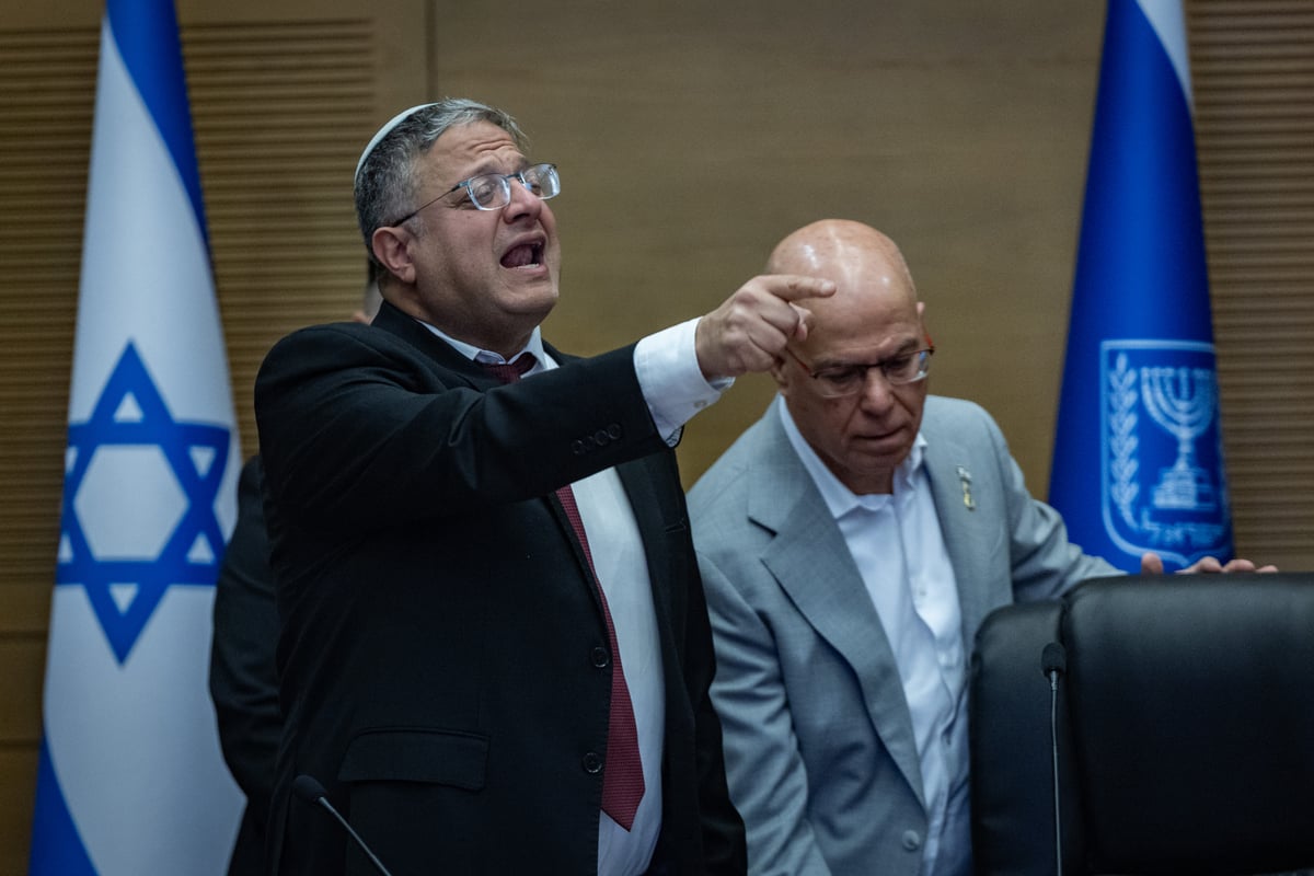 National Security Minister Itamar Ben Gvir and committee head MK Zvika Fogel attend a National Security committee meeting at the Knesset, the Israeli parliament on March 24, 2026. 