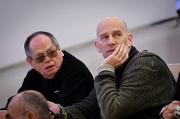 Israeli journalists Amnon Abramovich and Guy Peleg attend International Holocaust Remembrance Day Ceremony in memory of holocaust survivor Meir Grant, in Herzliya, January 27, 2020. 