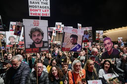 Israelis attend a rally calling for the release of Israelis held hostage by Hamas terrorists in Gaza, at "Hostage Square" in Tel Aviv, March 8, 2025.