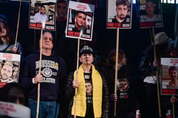 Israelis attend a rally calling for the release of Israelis held hostage by Hamas terrorists in Gaza, at "Hostage Square" in Tel Aviv, March 8, 2025. 