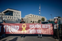 Family members of Israeli hostages Edan Alexander and Oz Daniel and activists protest for the release of all the hostages in Gaza, outside the Prime Minister's office in Jerusalem, January 29, 2025