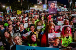 A rally calling for the release of Israelis held hostage by Hamas terrorists in Gaza, at "Hostage Square" in Tel Aviv, May 3, 2025.