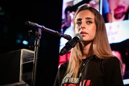 Former hostage Mia Schem speaks during a rally calling for the release of Israelis held hostage by Hamas terrorists in Gaza, at "Hostage Square" in Tel Aviv, May 17, 2025
