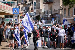 Orthodox Jews attend a Jerusalem Day march in the Northern Israeli day of Tzfat. May 26, 2025. 