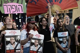 Demonstrators protest against the Israeli government and for the release of Israelis held hostage in the Gaza Strip outside Hakirya Base in Tel Aviv, May 24, 2025.