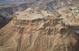 Aerial view of the historical Masada fortress, near the Dead Sea.