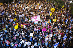 Demonstrators protest against the Israeli government and for the release of Israelis held hostage in the Gaza Strip outside Hakirya Base in Tel Aviv, July 5, 2025. 
