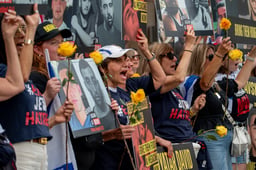 People protest for the release of hostages held in the Gaza Strip outside the United Nations headquarters in New York City, August 5, 2025.