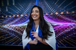 Yuval Raphael, winner of the reality show "The Next Star" speak to the media after winning the final in Neve Ilan, near Jerusalem, January 22, 2025.