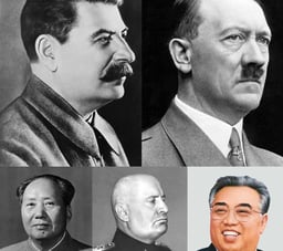  Collage of totalitarian leaders (each row - left to right) Joseph Stalin, Adolf Hitler, Mao Zedong, Benito Mussolini, and Kim Il-sung