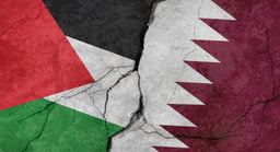 Palestine and Qatar flags, concrete wall texture with cracks