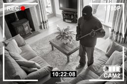 CCTV surveillance security camera of burglar breaking into home via back door window with crowbar (house robbery concept)