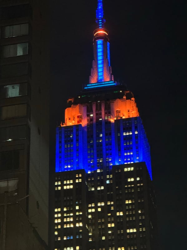 The Empire State Building lit up in celebration of the Knicks.
