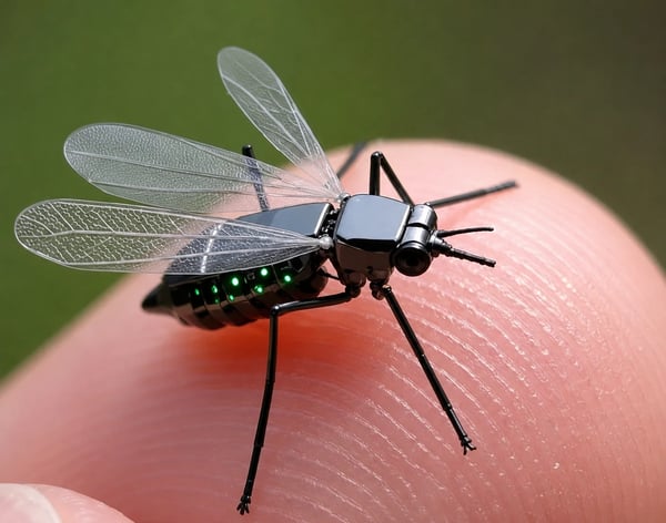 The tiny drone resting on a finger.
