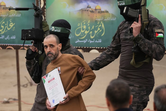 Eli Sharabi in Hamas' hands just before his release