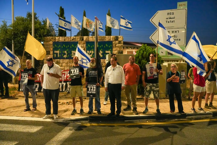 Activitsts attend a protest calling for an end to the war in Gaza, and the return of the hostages, in Rosh Pina, Northern Israel. July 26, 2025. 