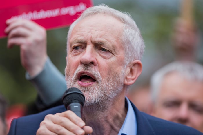 Jeremy Corbyn speaks at a Labour party rally on Whitchurch Common in the Cardiff North constituency.