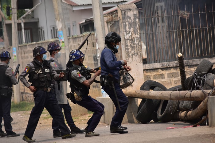 Taunggyi, Myanmar - 11 March 2021: Myanmar military cracks down on peaceful protesters.