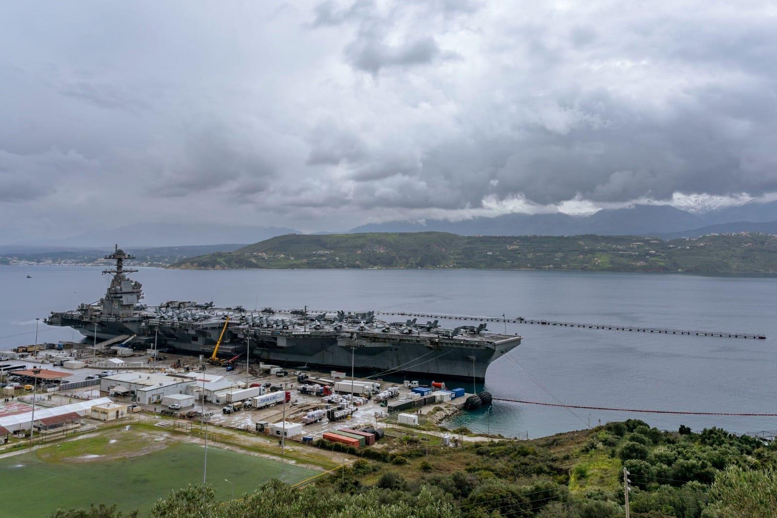 USS Gerald R. Ford Aircraft Carrier undergoing maintenance in Greece