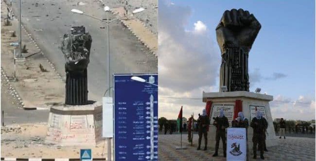 Hamas victory statue over Gush Katif, before and after.