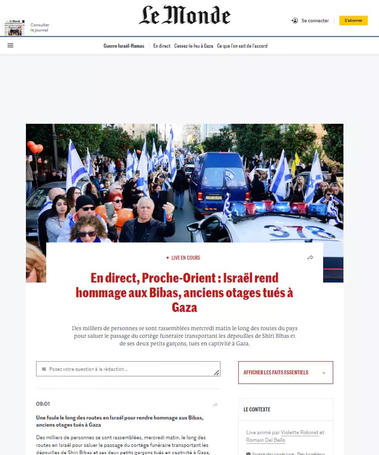 French News site 'Le Monde' reports on the Bibas funeral