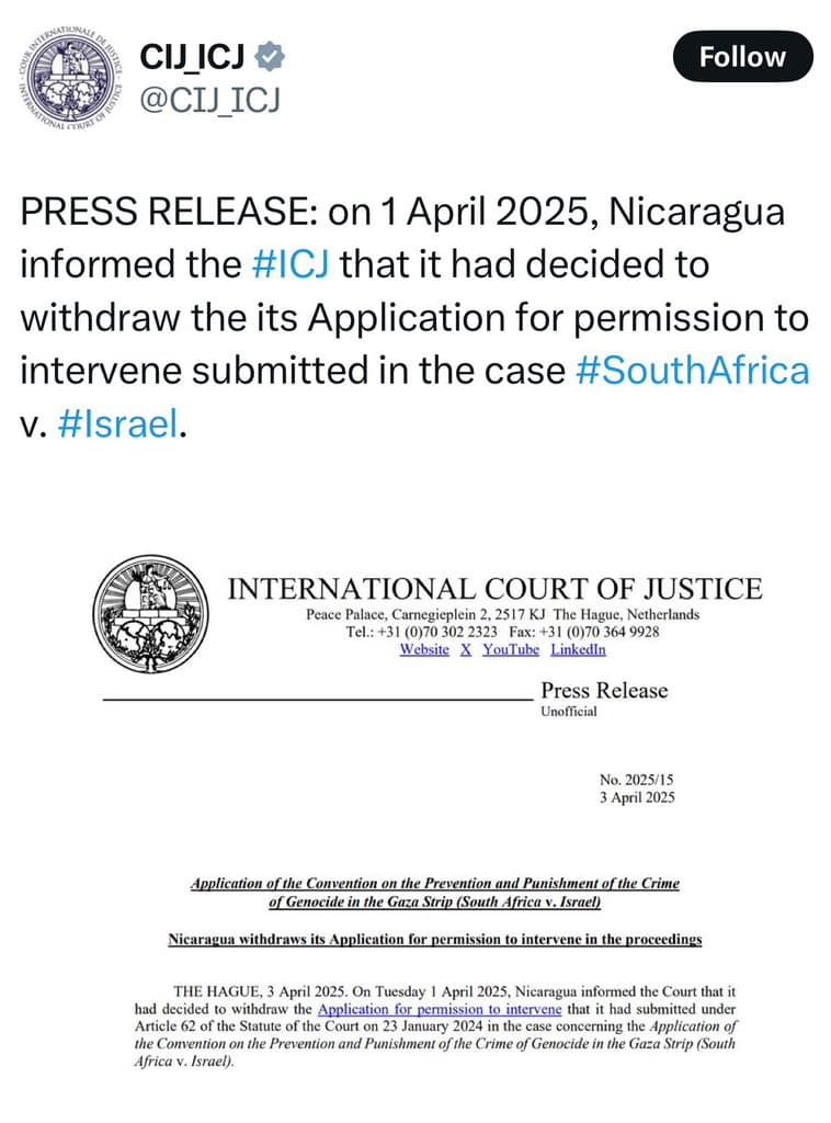 Official ICJ statement on Nicaraguan withdrawal.