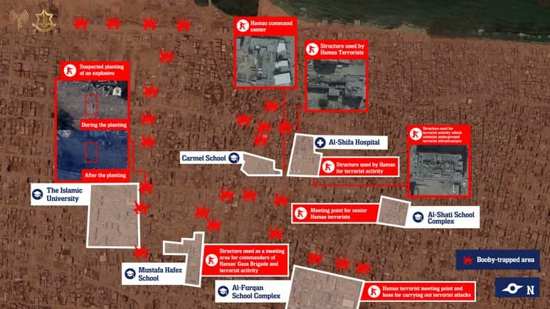 Map showing terror sites near hospitals and schools.